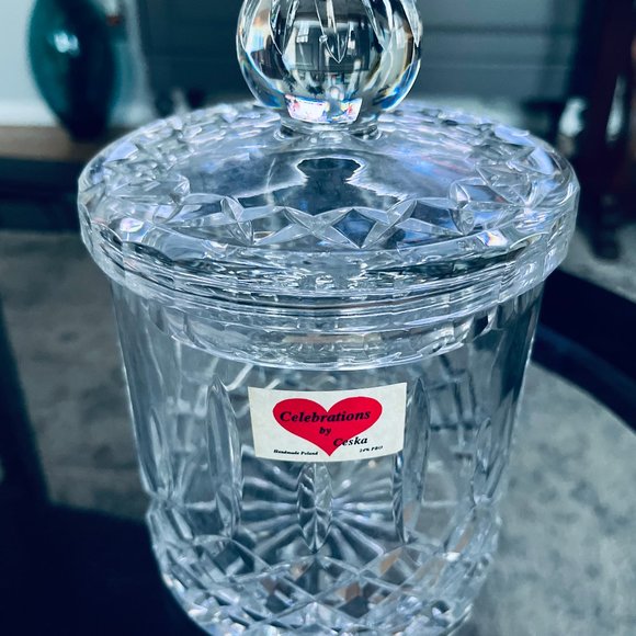 NIB Vintage Ceska Crystal Biscuit Jar Canister w/ Lid, 8”(H), Line Cut Pattern - Picture 1 of 5